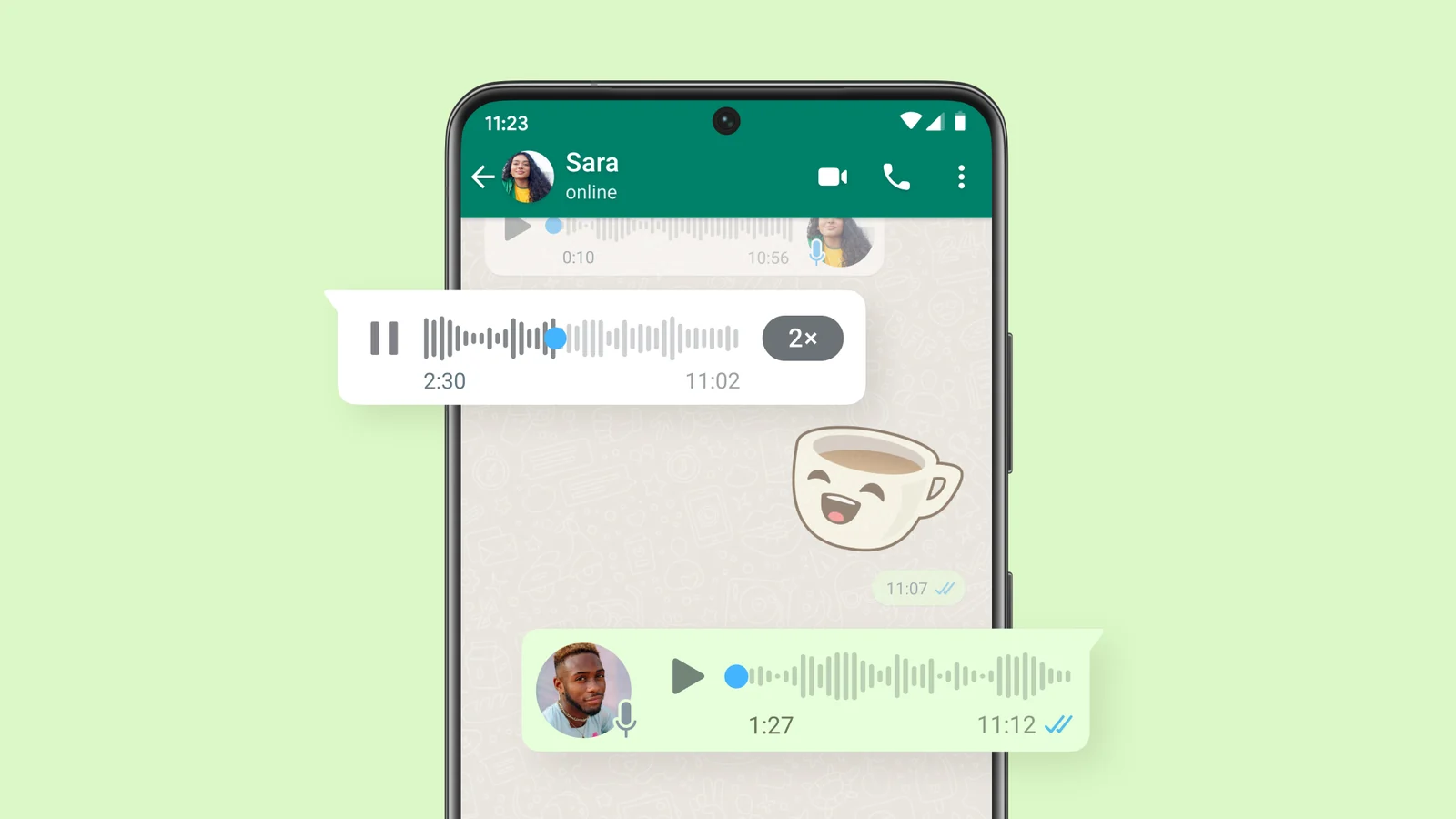 Interfaz de WhatsApp en un teléfono Android con mensajes de voz