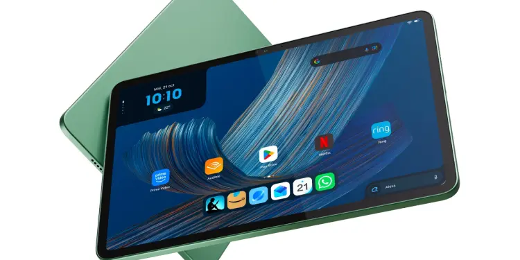 Tableta verde con Google Play y Alexa en pantalla