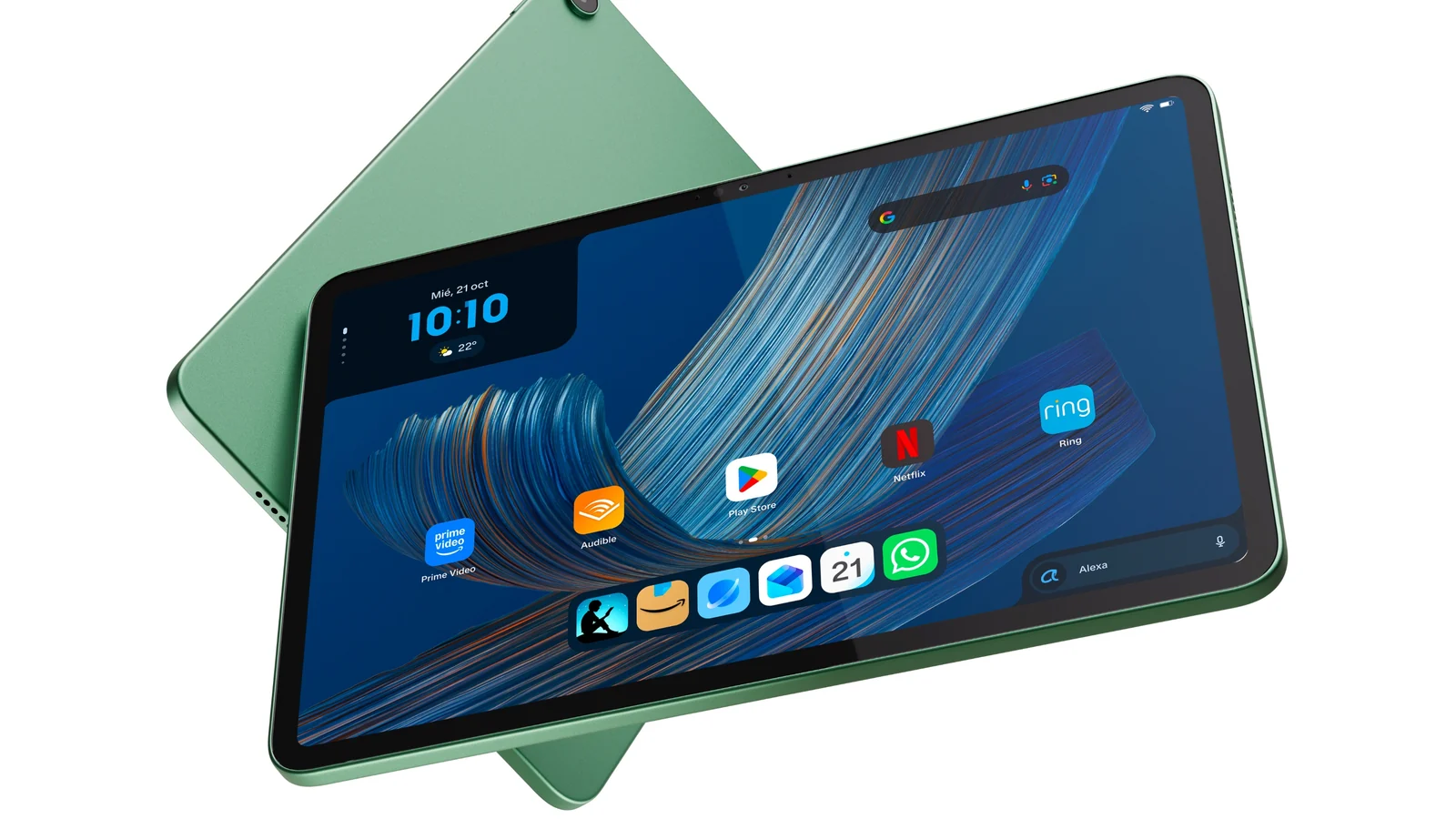 Tableta verde con Google Play y Alexa en pantalla
