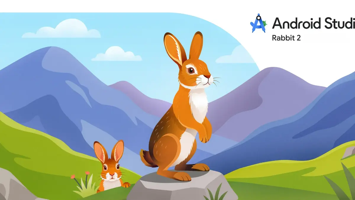 Dos conejos ante montañas y el rótulo Rabbit 2