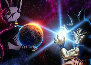 Beerus y Goku frente a frente en el espacio