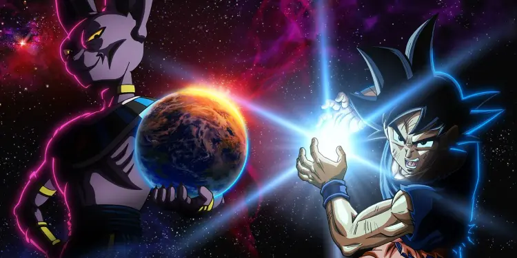 Beerus y Goku frente a frente en el espacio
