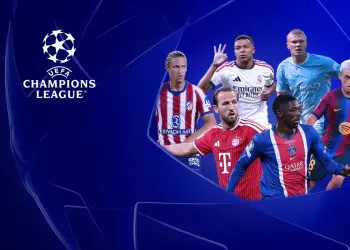 Emblema de la Champions League y varios futbolistas