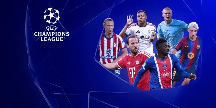 Emblema de la Champions League y varios futbolistas