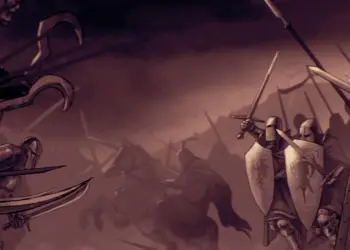 Guerreros con espadas y escudos en combate