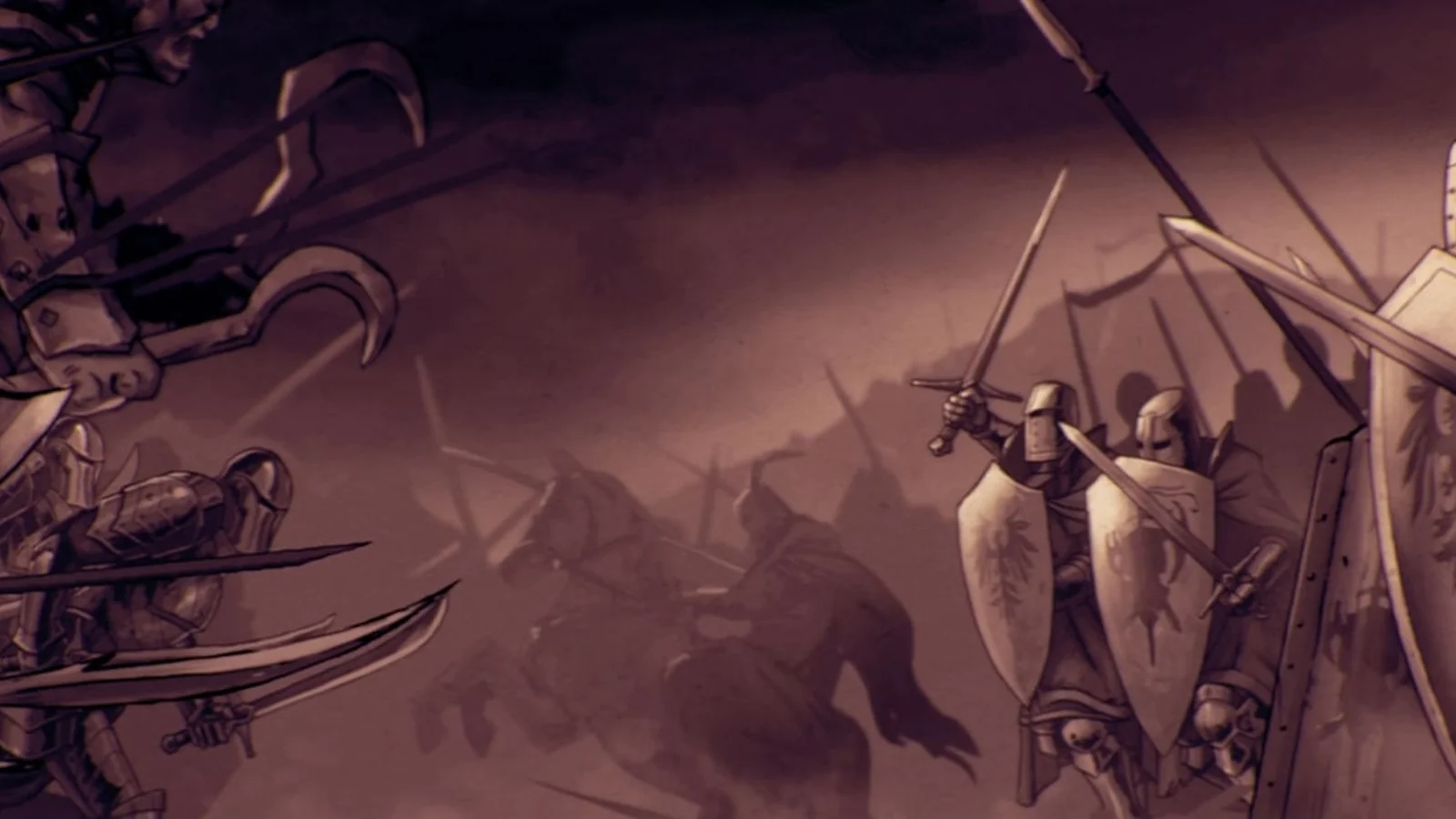 Guerreros con espadas y escudos en combate