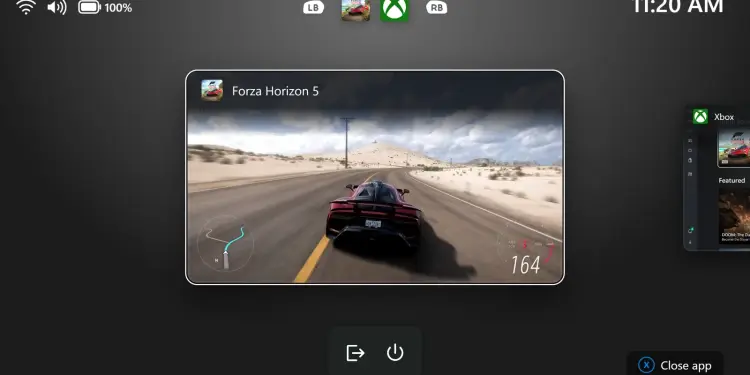Vista de tareas Xbox con botón de encendido