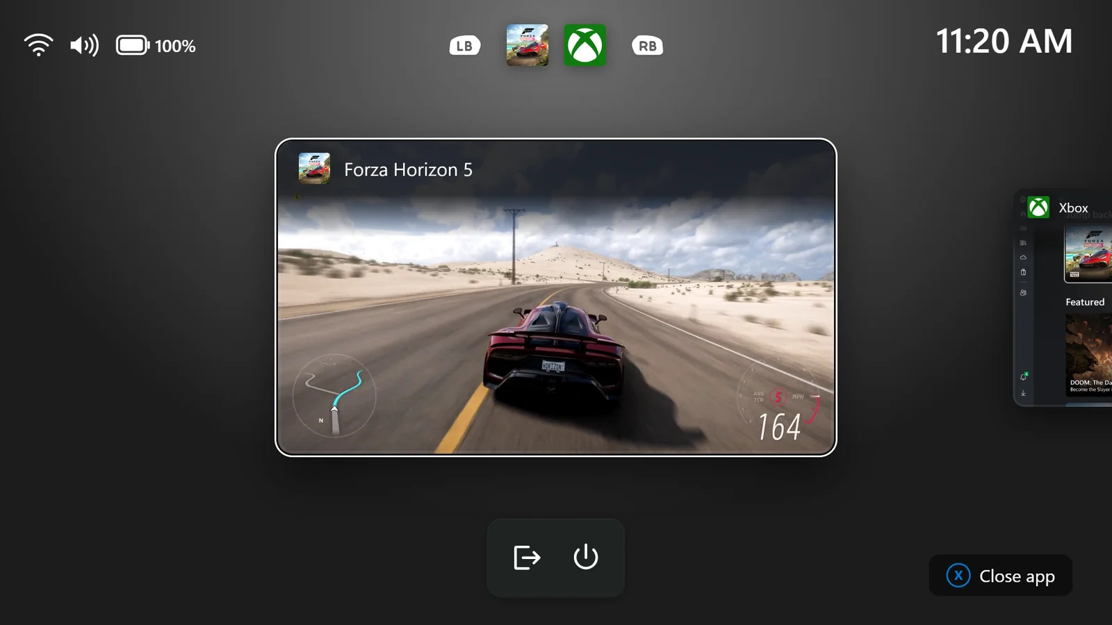 Vista de tareas Xbox con botón de encendido