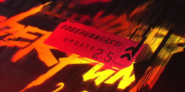 Rótulo Edgerunners Update 2.5 sobre fondo rojo y amarillo