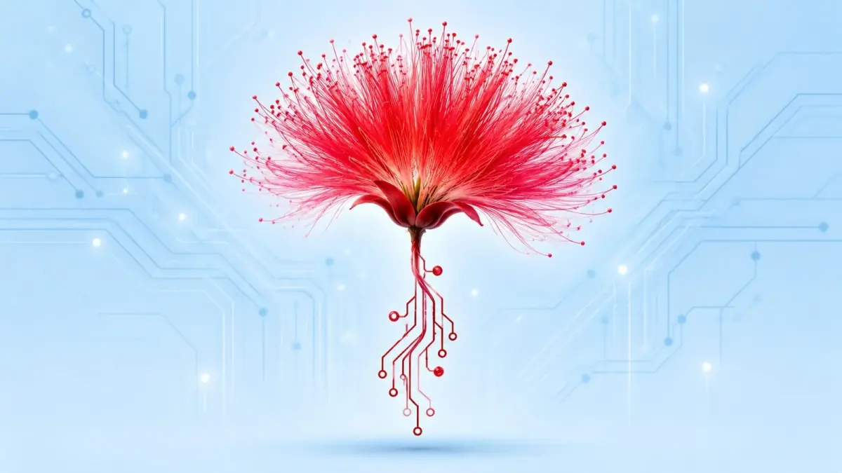 Flor roja con raíces de circuitos