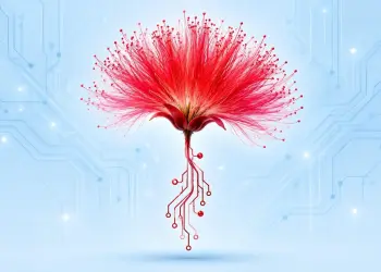 Flor roja con raíces de circuitos