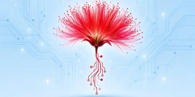 Flor roja con raíces de circuitos