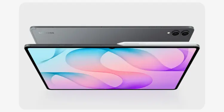 Tableta gris vista por delante y por detrás con S Pen
