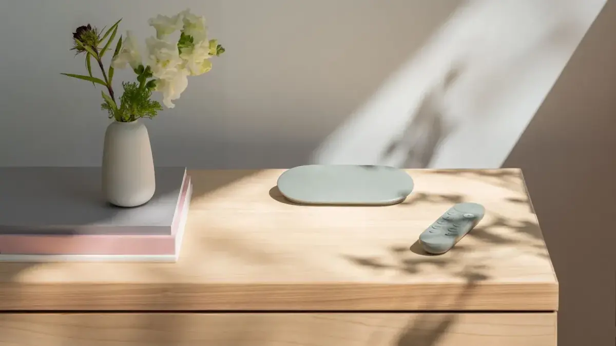 Google TV Streamer y mando sobre una mesa