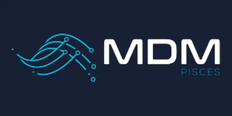 Logotipo de MDM Pisces sobre fondo azul oscuro