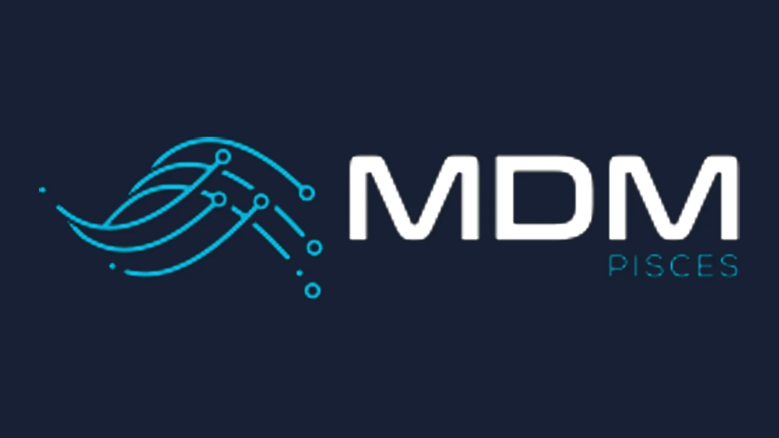 Logotipo de MDM Pisces sobre fondo azul oscuro