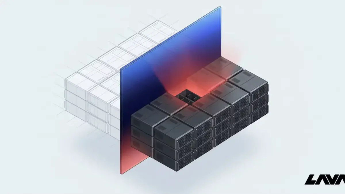 Servidores ilustrados junto a un panel azul y rojo