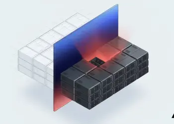 Servidores ilustrados junto a un panel azul y rojo