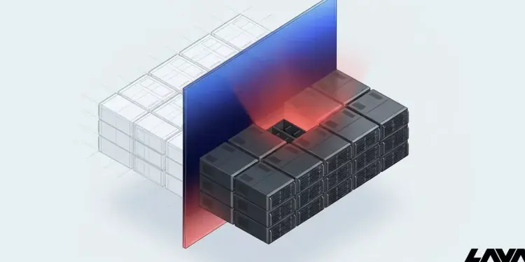 Servidores ilustrados junto a un panel azul y rojo