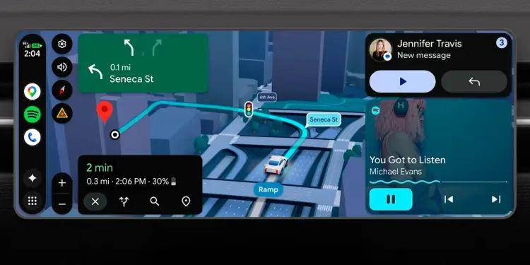 Android Auto con mapa, música y notificación