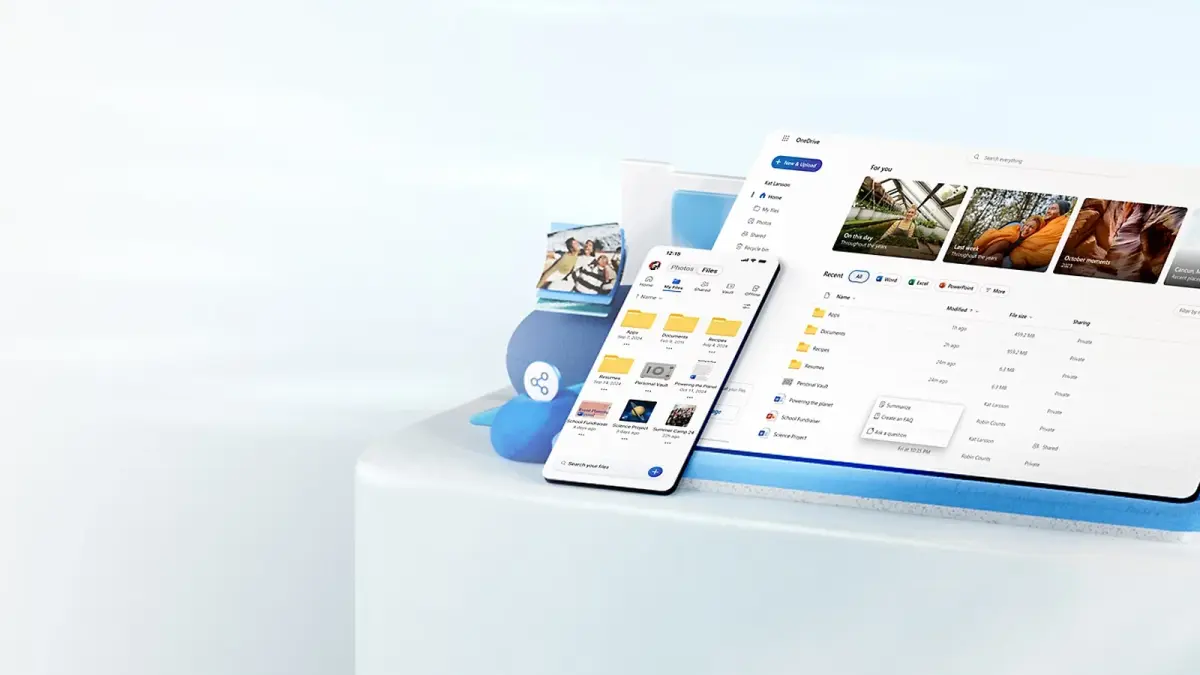 OneDrive en ordenador y móvil con menú de archivos