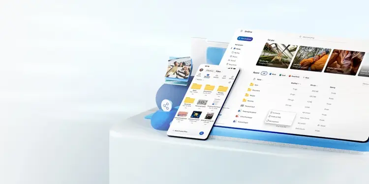 OneDrive en ordenador y móvil con menú de archivos