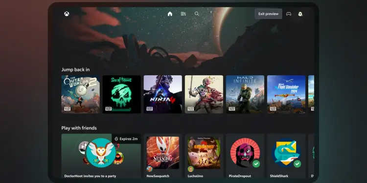 Interfaz de Xbox con juegos y amigos