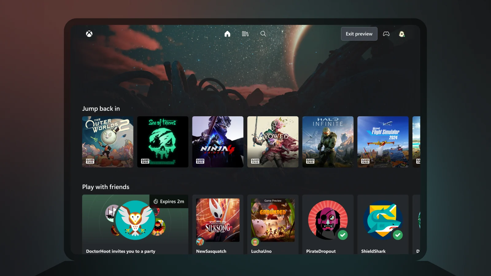 Interfaz de Xbox con juegos y amigos