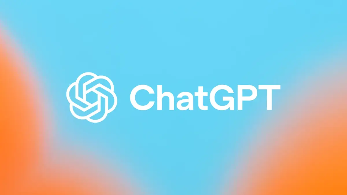 Logotipo blanco de ChatGPT sobre fondo azul y naranja