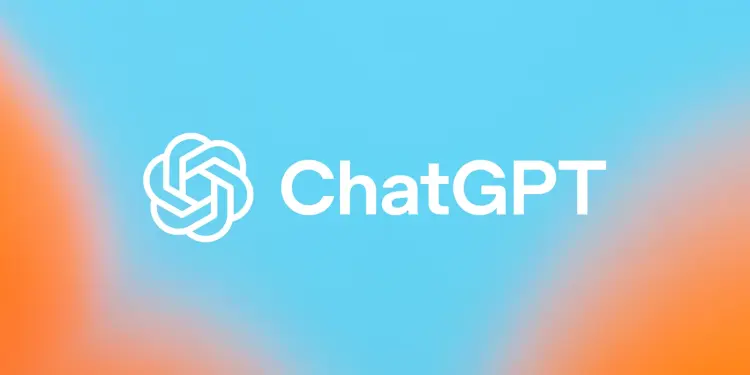 Logotipo blanco de ChatGPT sobre fondo azul y naranja