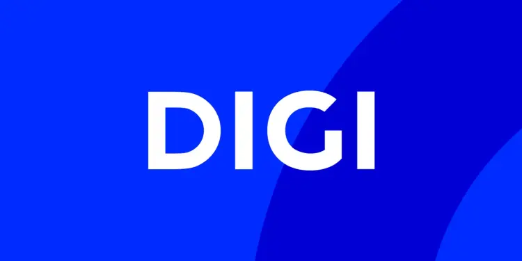 Logotipo blanco de DIGI sobre fondo azul
