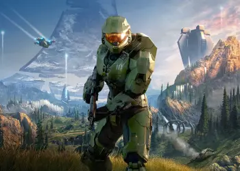 Master Chief con armadura verde ante un paisaje montañoso