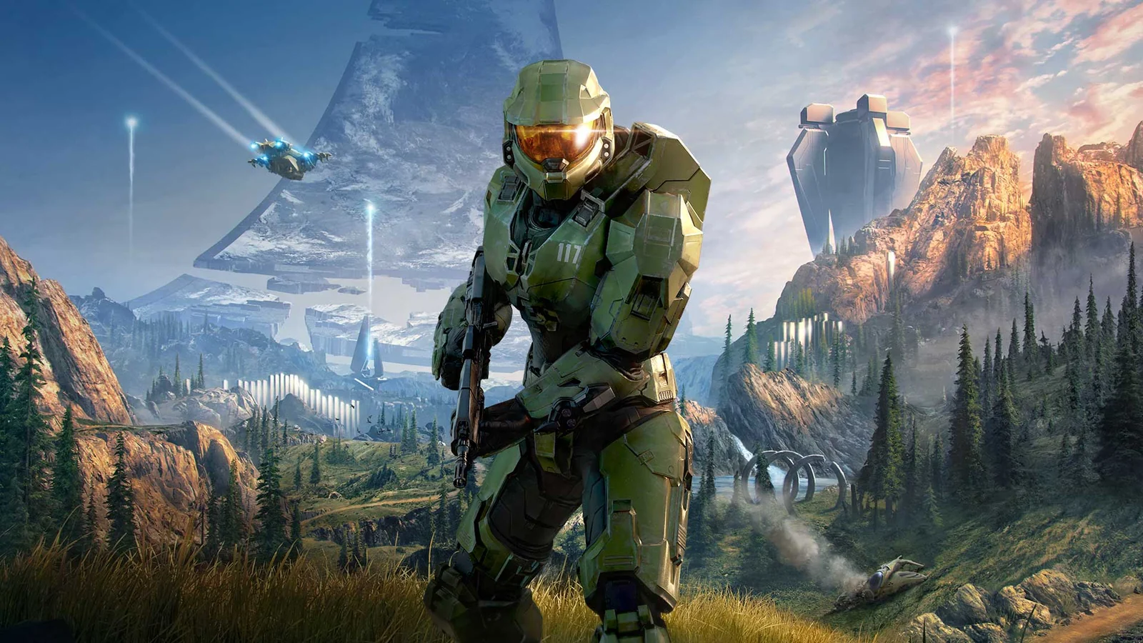 Master Chief con armadura verde ante un paisaje montañoso
