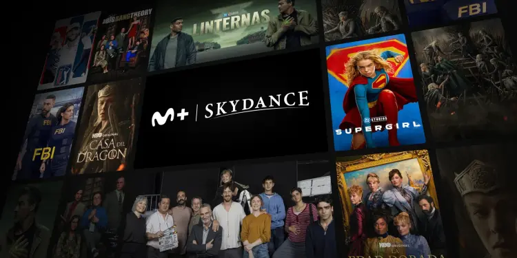 Logotipos de Movistar Plus y Skydance rodeados de carteles