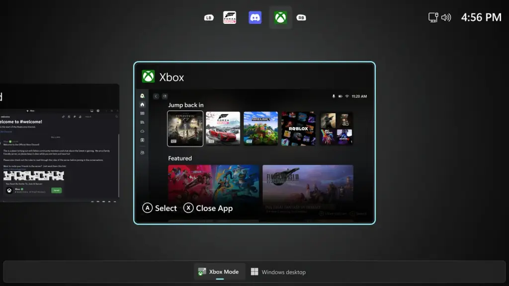 Vista de tareas Xbox con acceso al escritorio