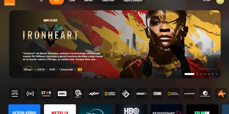 Interfaz de Orange TV con contenidos y canales