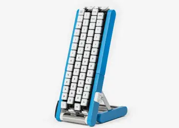 Teclado vertical con teclas blancas y soporte azul