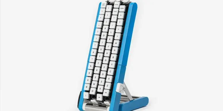 Teclado vertical con teclas blancas y soporte azul
