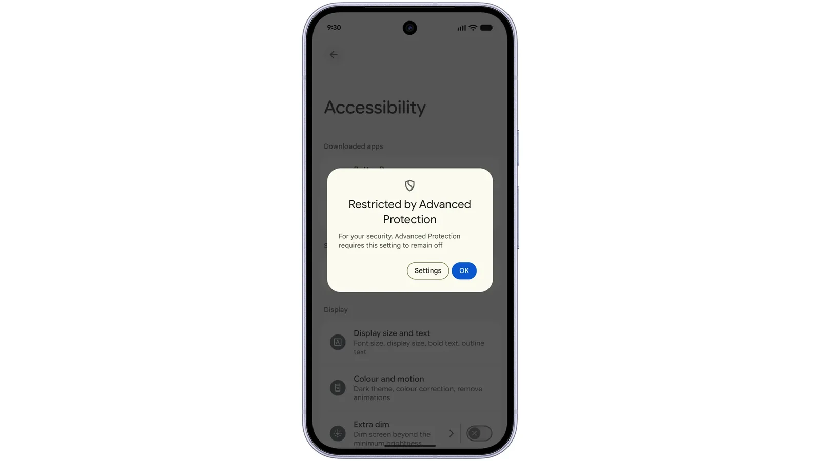 Aviso de Protección Avanzada en ajustes de accesibilidad