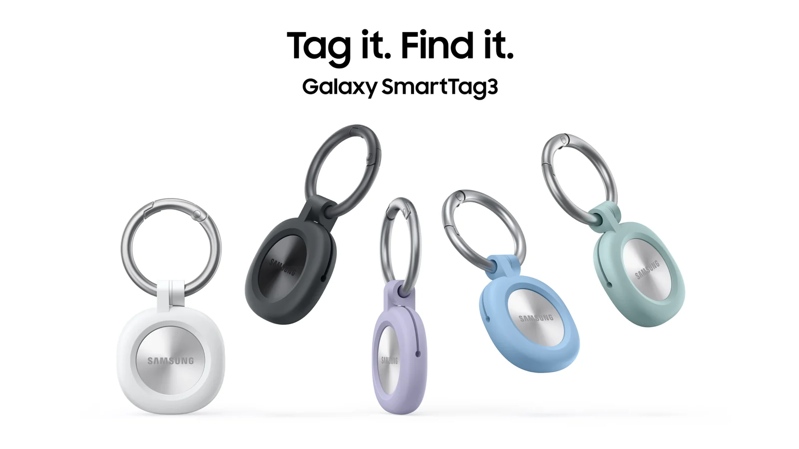 Cinco Galaxy SmartTag3 con anillas y fundas de colores