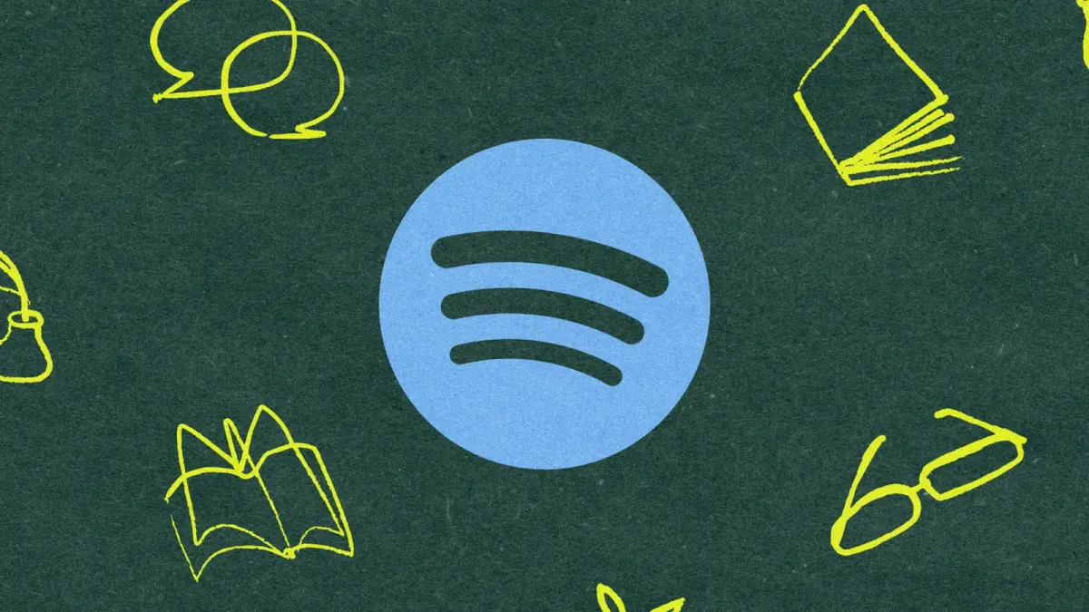 Logotipo de Spotify entre dibujos de libros