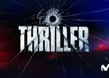 Rótulo THRILLER sobre un cristal agrietado