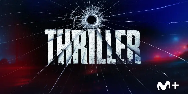 Rótulo THRILLER sobre un cristal agrietado