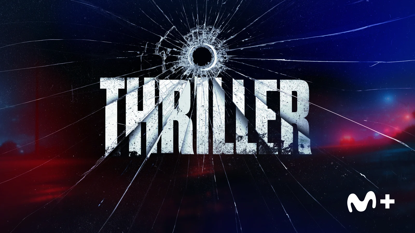 Rótulo THRILLER sobre un cristal agrietado