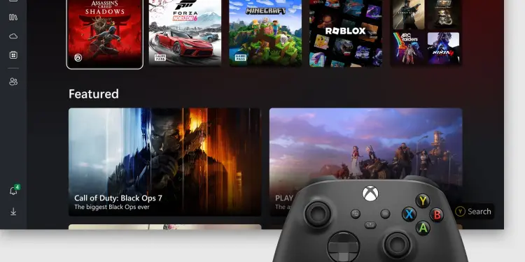 Interfaz de Xbox y mando en primer plano