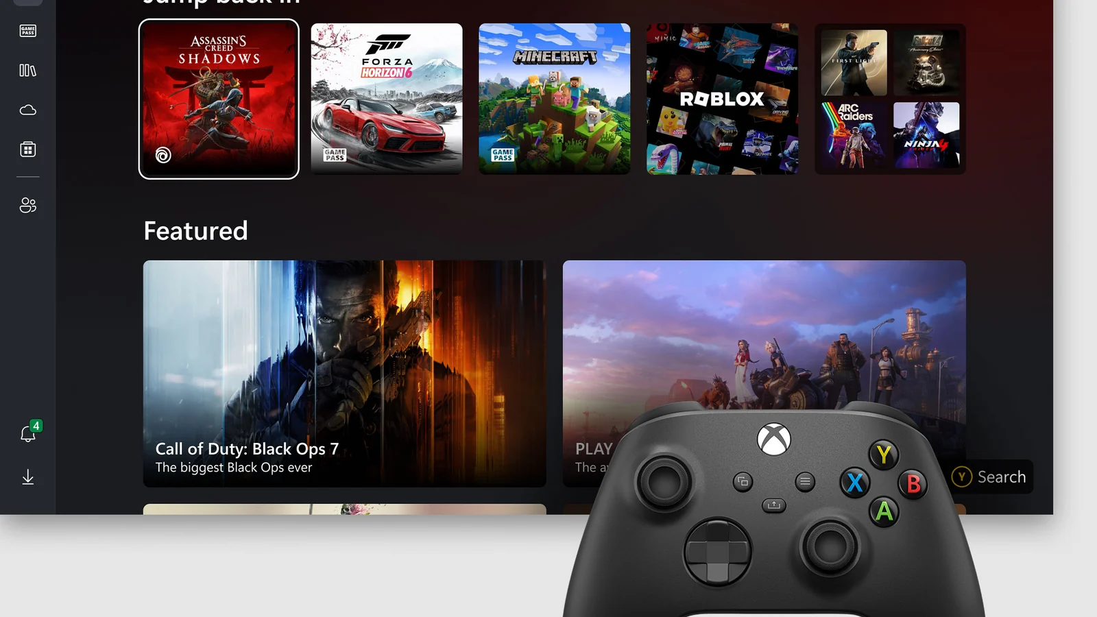 Interfaz de Xbox y mando en primer plano