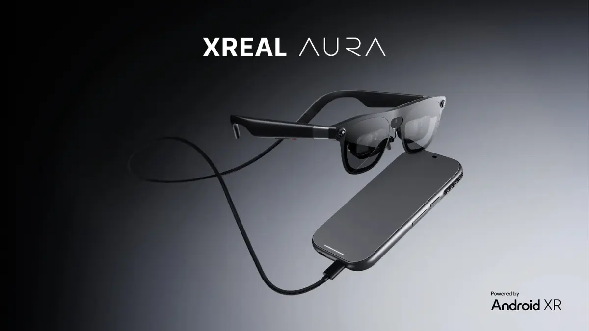 Gafas XREAL AURA y módulo conectados por cable